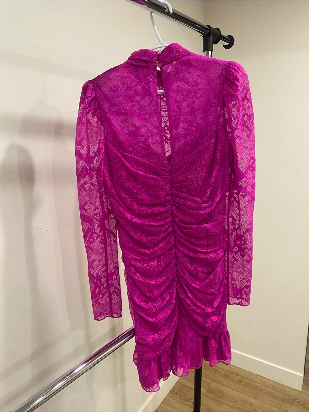 Fuchsia Ruched Lace Long-Sleeve Mini Dress